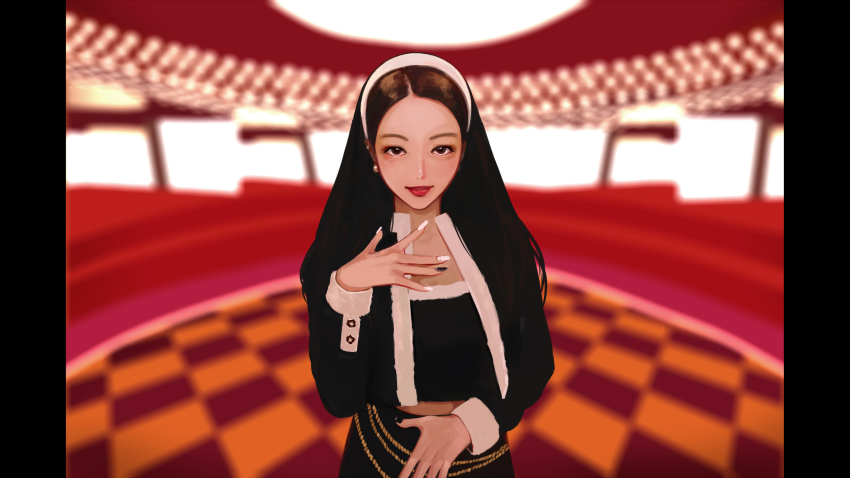 12_07sh, 1girl, black_hair, black_jacket, black_nails, brown_hair, earrings, eyeshadow