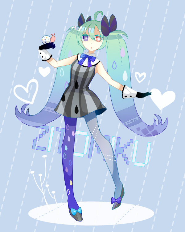 1girl, ahoge, aqua_hair, asymmetrical_legwear, blue_pantyhose, bow, female_focus, gloves