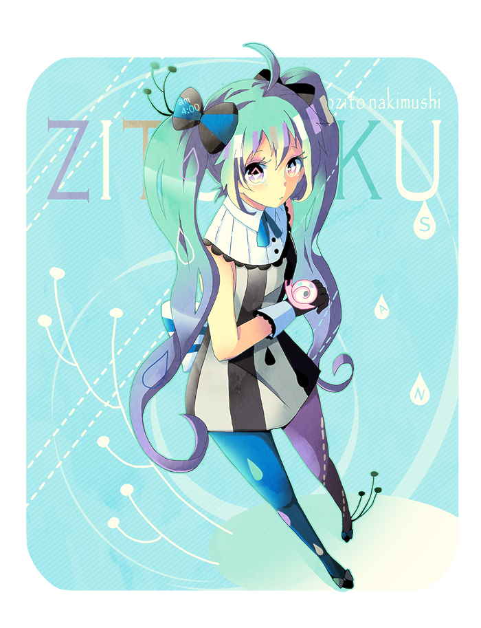 1girl, ahoge, aqua_eyes, aqua_hair, asymmetrical_legwear, blue_pantyhose, bow, female_focus