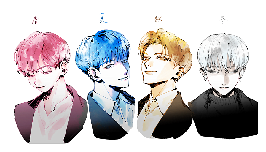 4boys, blue_hair, blunt_bangs, brown_eyes, brown_hair, closed_mouth, collared_shirt, commentary_request