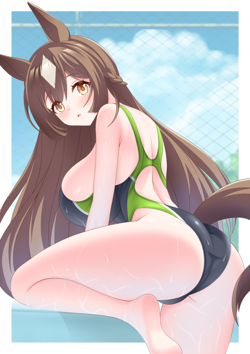 animal_ears, ass, barefoot, black_one-piece_swimsuit, braid, breasts, brown_eyes, brown_hair, chain-link_fence, commentary_request, competition_swimsuit, cowboy_shot, double-parted_bangs, fence, from_behind, gurukorian, hair_between_eyes, half_up_braid, half_updo, highres, horse_ears, horse_girl, horse_tail, large_breasts, long_hair, looking_at_viewer, one-piece_swimsuit, racerback, satono_diamond_(umamusume), swimsuit, tail, two-tone_swimsuit, umamusume