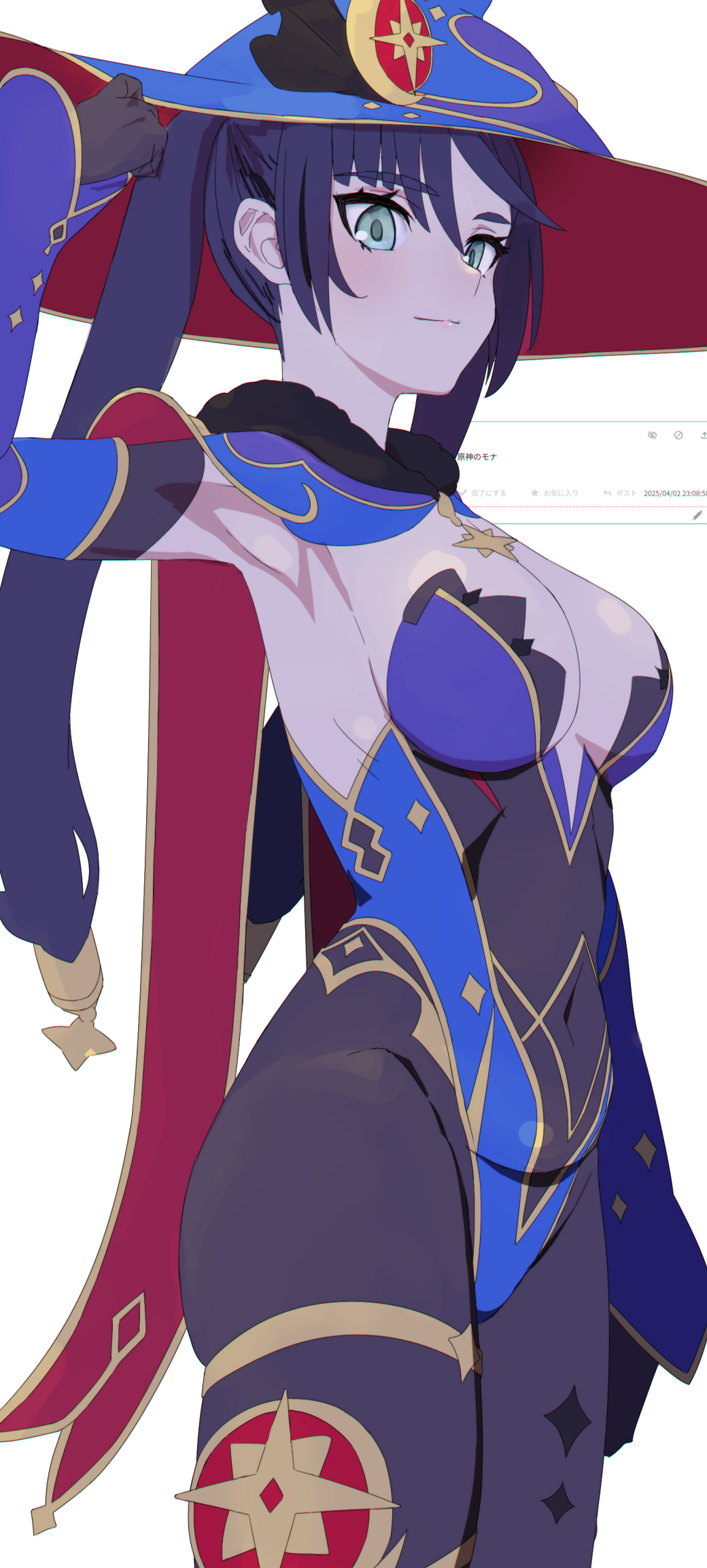 1girl, armpits, black_hair, breasts, capelet, commentary_request, covered_navel, e18541, elbow_gloves, fur-trimmed_capelet, fur_trim, genshin_impact, gloves, hair_between_eyes, hat, highres, medium_breasts, mona_(genshin_impact), pantyhose, request_inset, solo, twintails, witch_hat