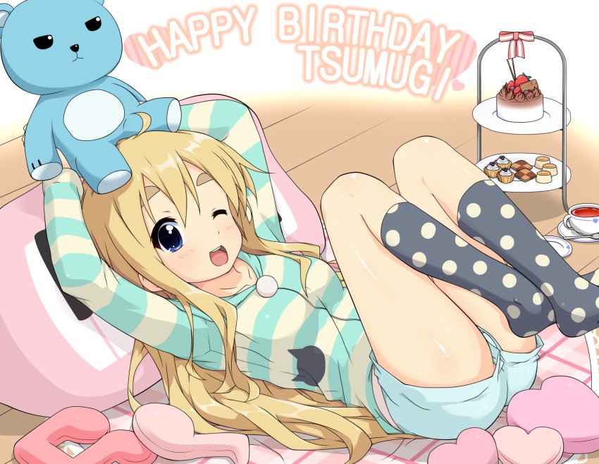 1girl, ;d, arms_up, birthday, blanket, blonde_hair, blue_eyes, cake