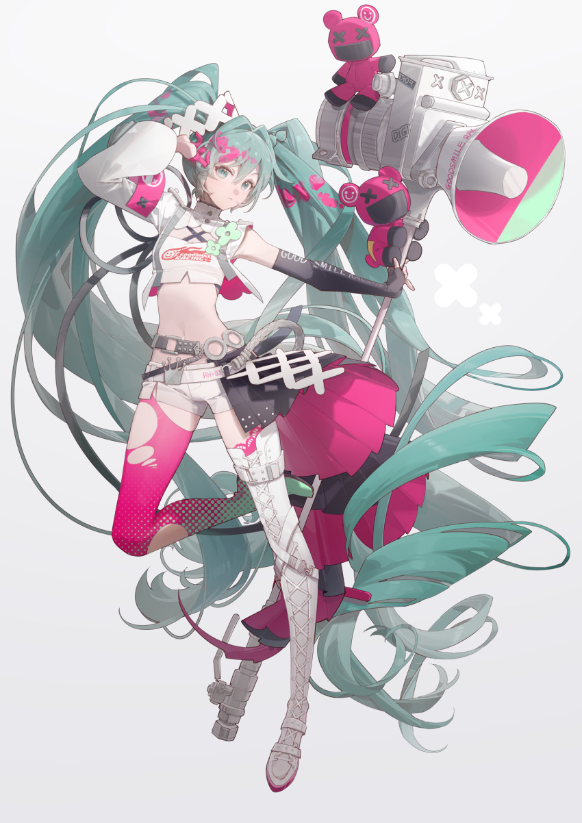 1girl, aqua_eyes, aqua_hair, asymmetrical_clothes, asymmetrical_footwear, asymmetrical_gloves, asymmetrical_sleeves, black_gloves, boots, crown_belt_buckle, elbow_gloves, fingerless_gloves, full_body, gloves, goodsmile_company, goodsmile_racing, hair_intakes, half-skirt, half_gloves, hatsune_miku, highres, holding, holding_megaphone, lace-up_boots, leg_up, long_hair, megaphone, midriff, mismatched_footwear, mismatched_gloves, navel, pink_gloves, pleated_skirt, racing_miku, racing_miku_(2025), short_shorts, shorts, shuno_(xiaonuo), simple_background, skirt, solo, torn_clothes, very_long_hair, vocaloid, white_background, white_boots, white_shorts