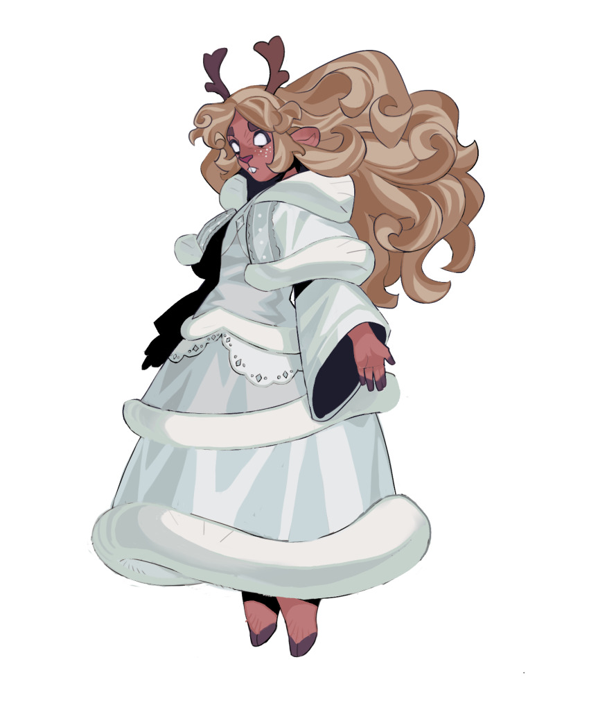 1girl, animal_ears, antlers, blonde_hair, buck_teeth, closed_mouth, coat, commentary, deer_antlers, deer_ears, deer_girl, deltarune, empty_eyes, english_commentary, floating, floating_hair, freckles, furry, furry_female, highres, hooves, horns, long_hair, long_sleeves, mimi_(mourninglamby), no_pupils, noelle_holiday, noelle_holiday_(dark_world), reindeer_girl, robe, solo, teeth, thick_eyebrows, utdr_(toby_fox), weird_route_(deltarune), white_background, white_eyes, white_robe