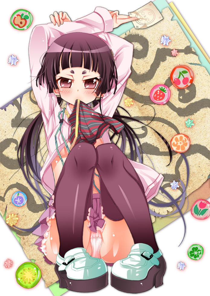 1girl, ao_no_exorcist, bad_id, bad_pixiv_id, blush, female_focus, himitsu_(iemaki), kamiki_izumo, long_hair, mouth_hold, panties, pantyshot, purple_hair, red_eyes, short_eyebrows, sitting, skirt, solo, thighhighs, underwear, upskirt