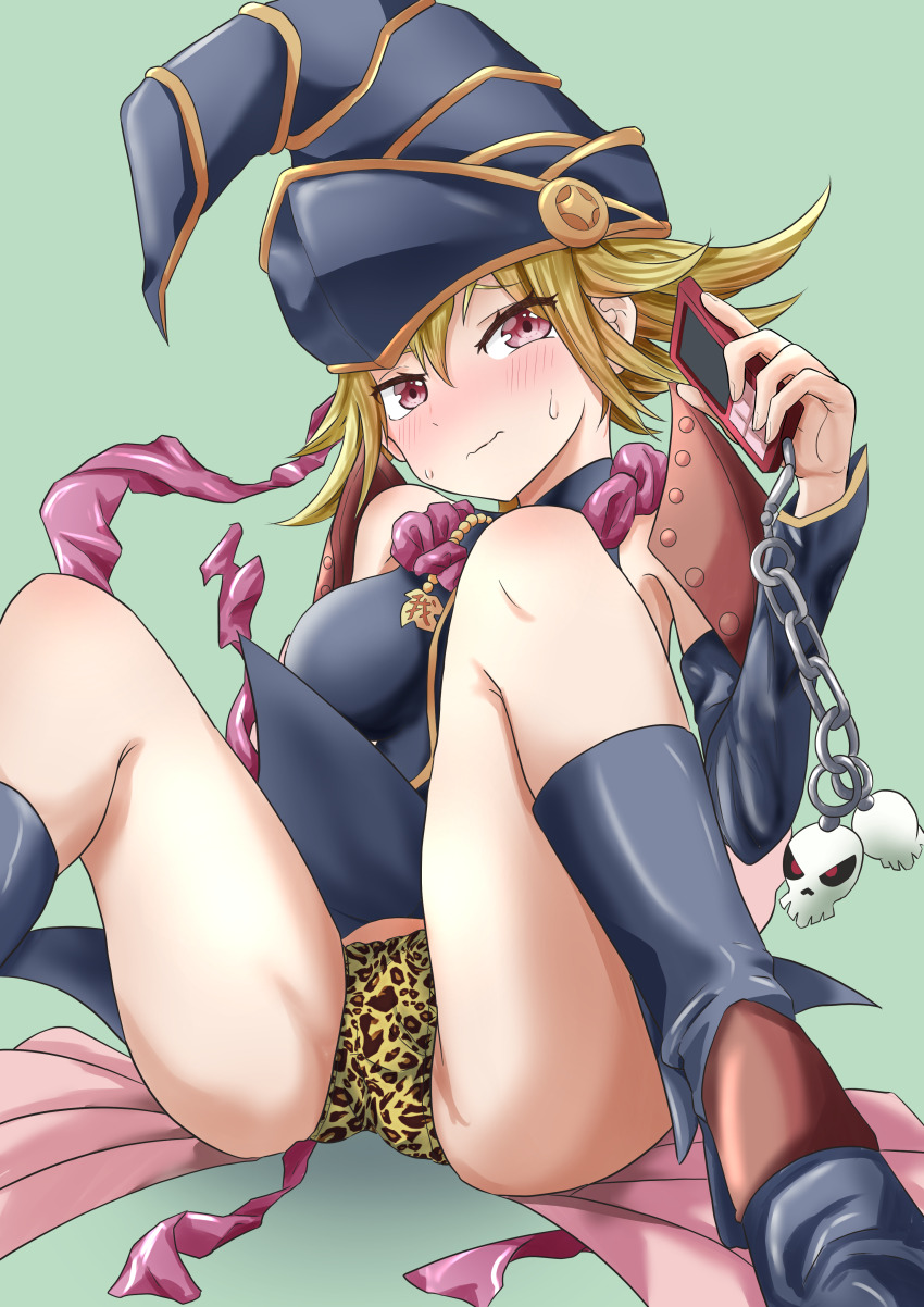 1girl, absurdres, black_hat, blonde_hair, blush, breasts, cellphone, chain