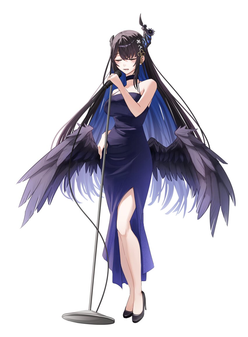 1girl, absurdres, alternate_costume, asymmetrical_horns, black_choker, black_hair, black_horns, black_wings