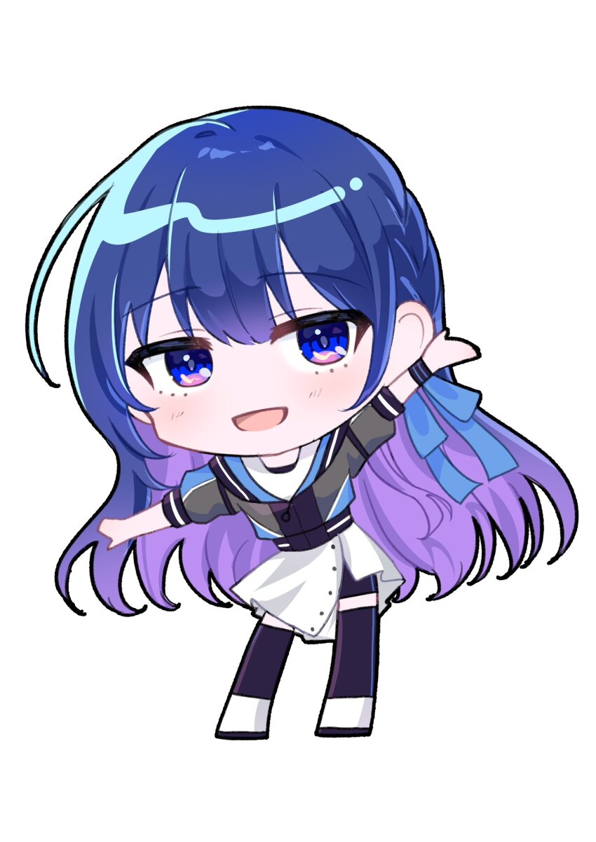 1girl, black_leggings, blue_ribbon, chibi, colored_inner_hair, hand_up, highres, idolmaster