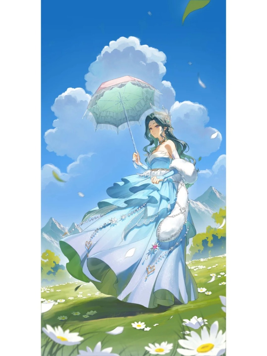 aqua_hair, artist_request, bare_shoulders, black_choker, blue_bridal_gauntlets, blue_dress, blue_sky, border