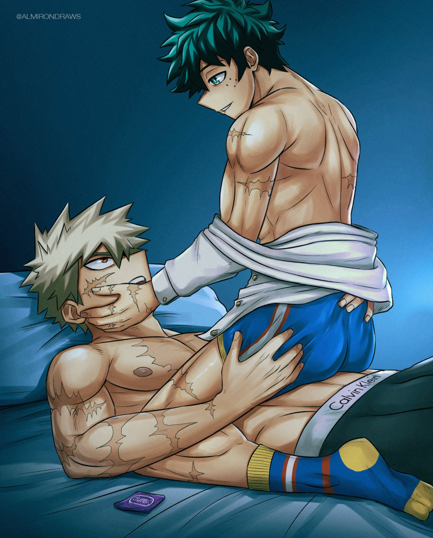 absurdres, almirondraws, back, bakudeku, bakugou_katsuki, bare_back, bare_legs, bed