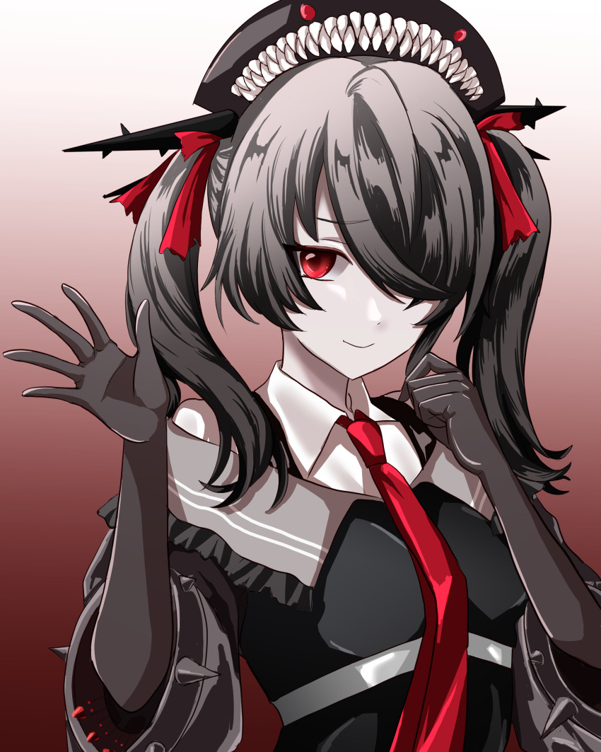 1girl, absurdres, abyssal_ship, bare_shoulders, black_gloves, black_hair, collared_shirt, colored_skin