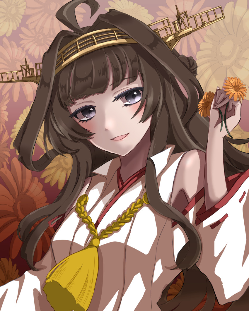 1girl, absurdres, ahoge, blush, brown_hair, commentary_request, detached_sleeves, double_bun