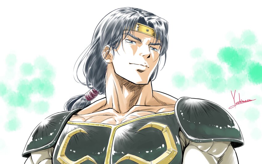 1boy, absurdres, armor, artist_name, black_armor, black_hair, breastplate, closed_mouth, collarbone, commentary, forehead_protector, green_eyes, highres, long_hair, low-tied_long_hair, male_focus, muscular, muscular_male, portrait, ryuu-oh_ryouma, shirt, shoulder_armor, signature, skin_tight, solo, tenkuu_senki_shurato, white_shirt, yoshinaga_masahiro