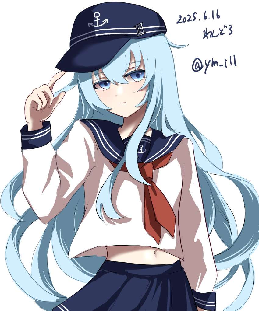 1girl, absurdres, anchor_symbol, blue_eyes, blue_hair, blue_hat, blue_sailor_collar, blue_skirt, cowboy_shot, dated, hair_between_eyes, hat, hibiki_(kancolle), highres, kantai_collection, long_hair, long_sleeves, looking_at_viewer, midriff, navel, neckerchief, one-hour_drawing_challenge, red_neckerchief, sailor_collar, shirt, simple_background, skirt, solo, twitter_username, white_background, white_shirt, ym_1221
