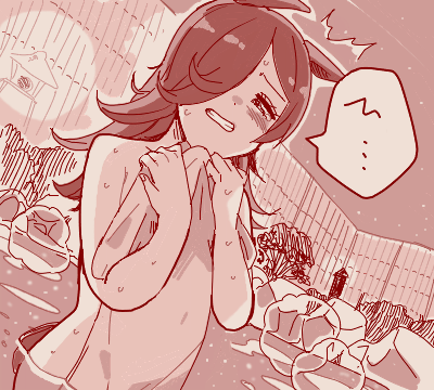 1girl, ^^^, animal_ears, blush, clenched_teeth, covering_privates, dutch_angle, embarrassed, hair_over_one_eye, hands_up, holding, holding_towel, horse_ears, horse_girl, horse_tail, long_hair, lowres, night, nude, nude_cover, onsen, outdoors, partially_submerged, raised_inner_eyebrows, rice_shower_(umamusume), sepia, sky, solo, tail, tearing_up, teeth, towel, traditional_media, tsubaki09, umamusume, water, wet