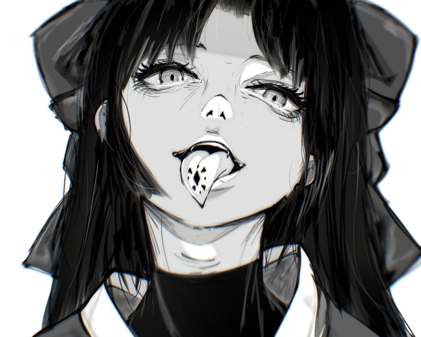 1girl, close-up, esmile, fangs, hair_between_eyes, hair_ribbon, looking_at_viewer, mato_seihei_no_slave