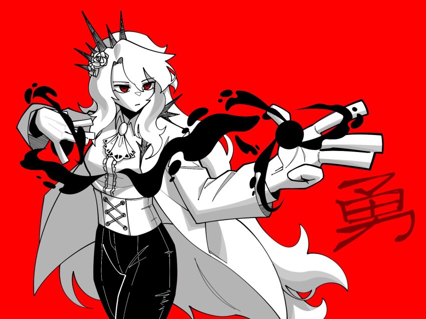 1girl, ascot, brooch, collared_shirt, corset, cowboy_shot, crown, don_quixote_(project_moon)