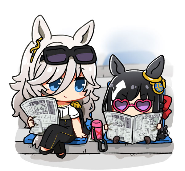 2girls, animal_ears, bench, black_hair, chibi, chrono_genesis_(umamusume), commentary_request, curren_chan_(umamusume)