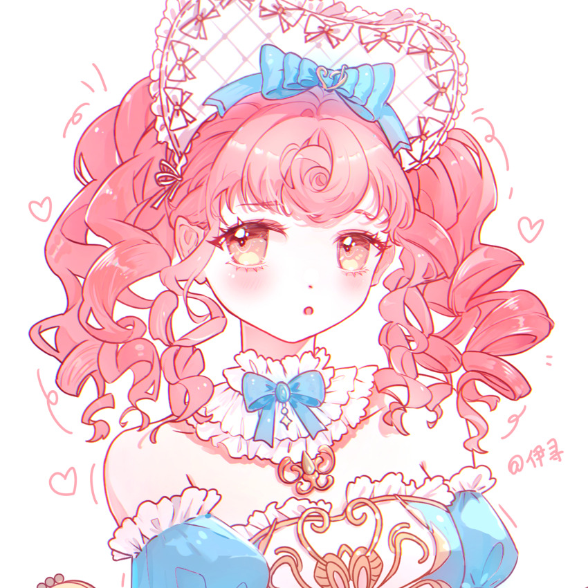 1girl, :o, argyle_bonnet, artist_name, bare_shoulders, blue_bow, blue_bowtie, blue_dress