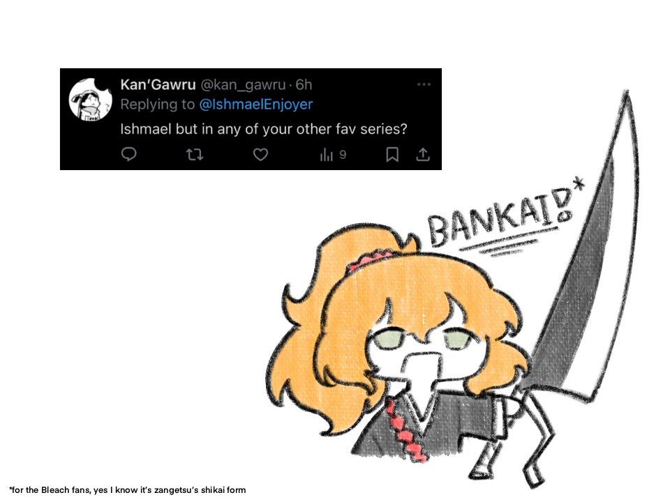 1girl, black_kimono, bleach, chibi, cosplay, holding, holding_sword, holding_weapon, ishmael_(project_moon), japanese_clothes, kimono, kurosaki_ichigo, kurosaki_ichigo_(cosplay), limbus_company, long_hair, orange_hair, ponytail, project_moon, request_inset, simple_background, solo, sword, weapon, white_background, yongsa_(ishmaelenjoyer), zangetsu_(shikai)