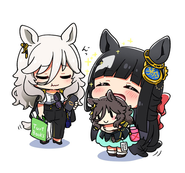 alternate_costume, alternate_hair_color, animal_ears, black_hair, blush, character_doll, chibi, chrono_genesis_(umamusume)