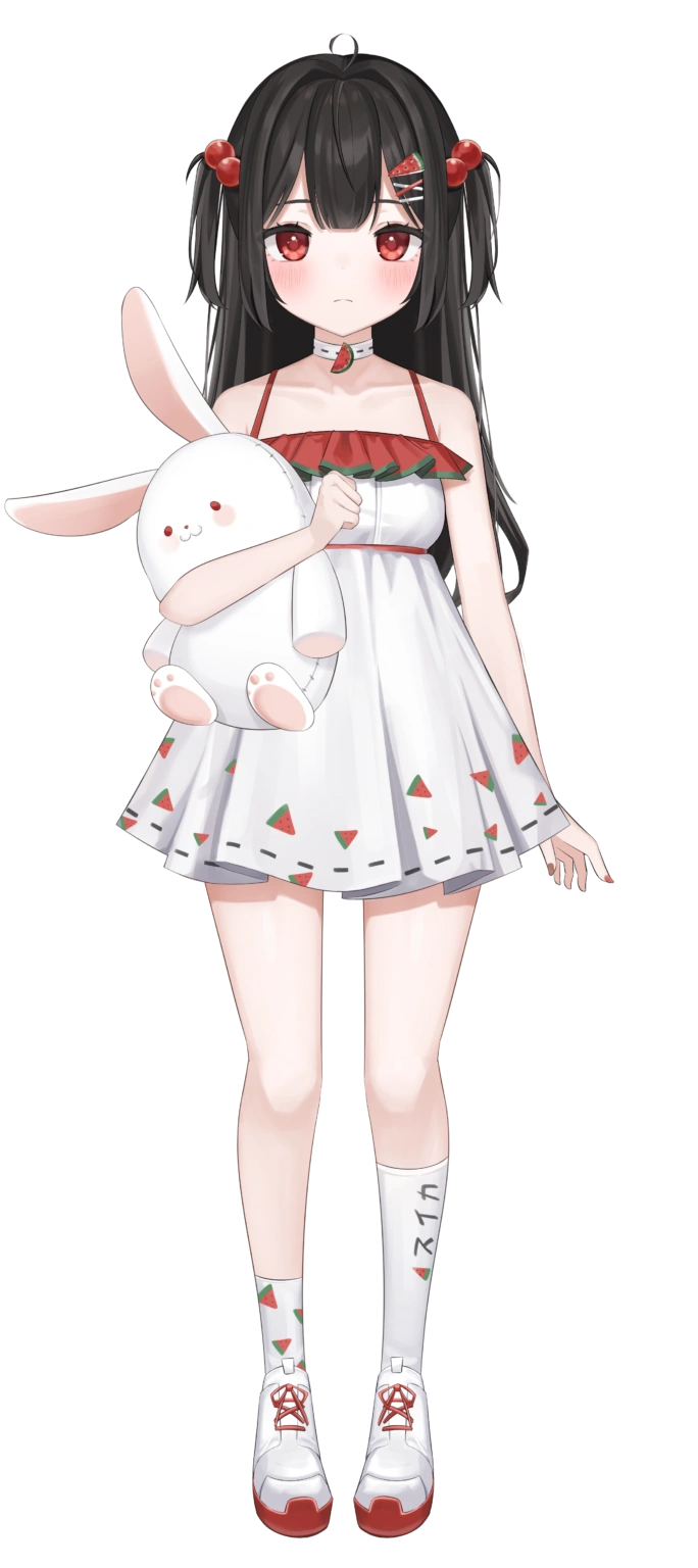 1girl, ahoge, black_hair, blush, choker, dress, emi_suika, food-themed_hair_ornament