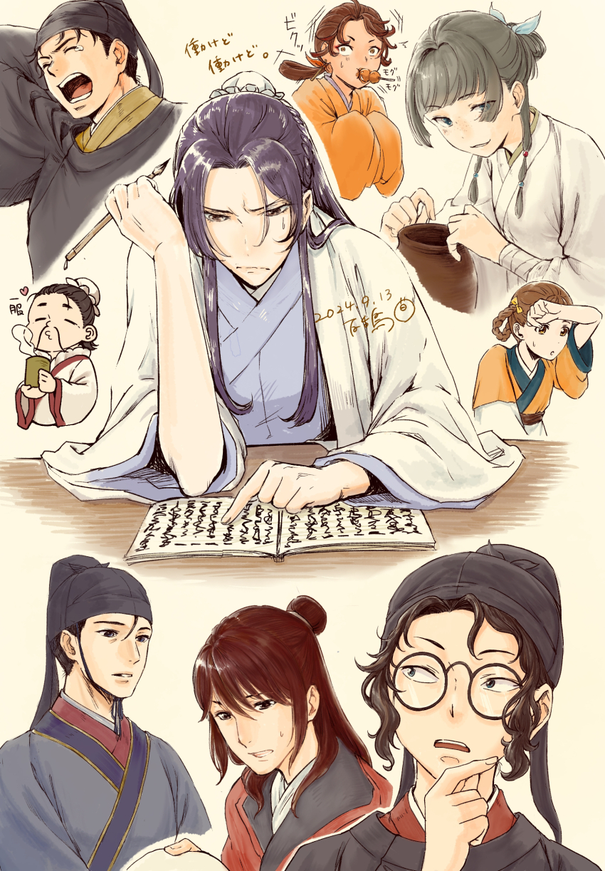 3girls, :d, black_hair, brown_hair, calligraphy_brush, character_request, chinese_clothes, cup