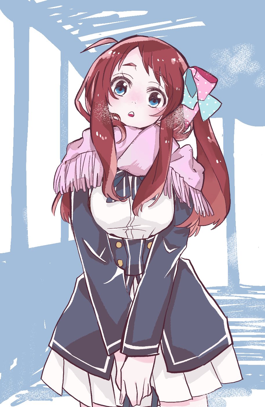 1girl, blue_bow, blue_bowtie, blue_eyes, blue_jacket, blue_ribbon, bow, bowtie, breasts, breath, cowboy_shot, enpera, hair_ribbon, head_tilt, highres, holding, jacket, long_hair, long_sleeves, looking_at_viewer, medium_breasts, minamoto_sakura, one_side_up, open_mouth, petalo55, pink_ribbon, pink_scarf, pleated_skirt, polka_dot, polka_dot_ribbon, red_hair, ribbon, scarf, school_uniform, shirt, sketch_background, skirt, solo, striped_bow, striped_bowtie, striped_clothes, teeth, underbust, upper_teeth_only, white_shirt, white_skirt, zombie_land_saga