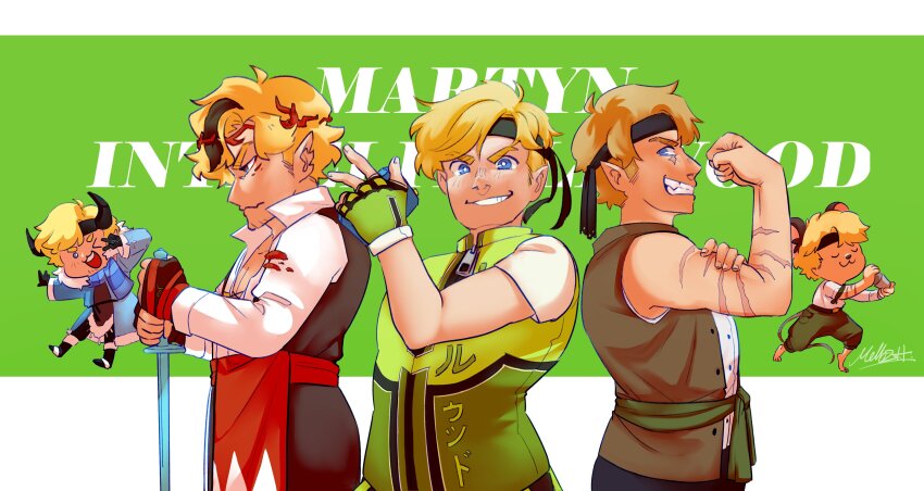 5boys, absurdres, animal_ears, bad_id, bad_twitter_id, bandana, biceps, blonde_hair, blue_eyes, brown_vest, creator_connection, fingerless_gloves, flexing, furry, furry_male, gloves, green_background, green_gloves, green_jacket, grin, highres, holding, holding_sword, holding_weapon, horns, in-franchise_crossover, inthelittlewood, inthelittlewood_(datastream_defender), jacket, letterboxed, limited_life_smp, long_sleeves, male_focus, mellozheist, minecraft_sword, minecraft_youtube, mini_person, miniboy, mouse_boy, mouse_ears, multiple_boys, multiple_persona, new_life_smp, official_alternate_costume, pirates_smp, pointy_ears, rats_smp, scar, scarf, shirt, short_hair, short_sleeves, smile, sword, traffic_life_series, upper_body, vest, virtual_youtuber, weapon, white_shirt, yogscast