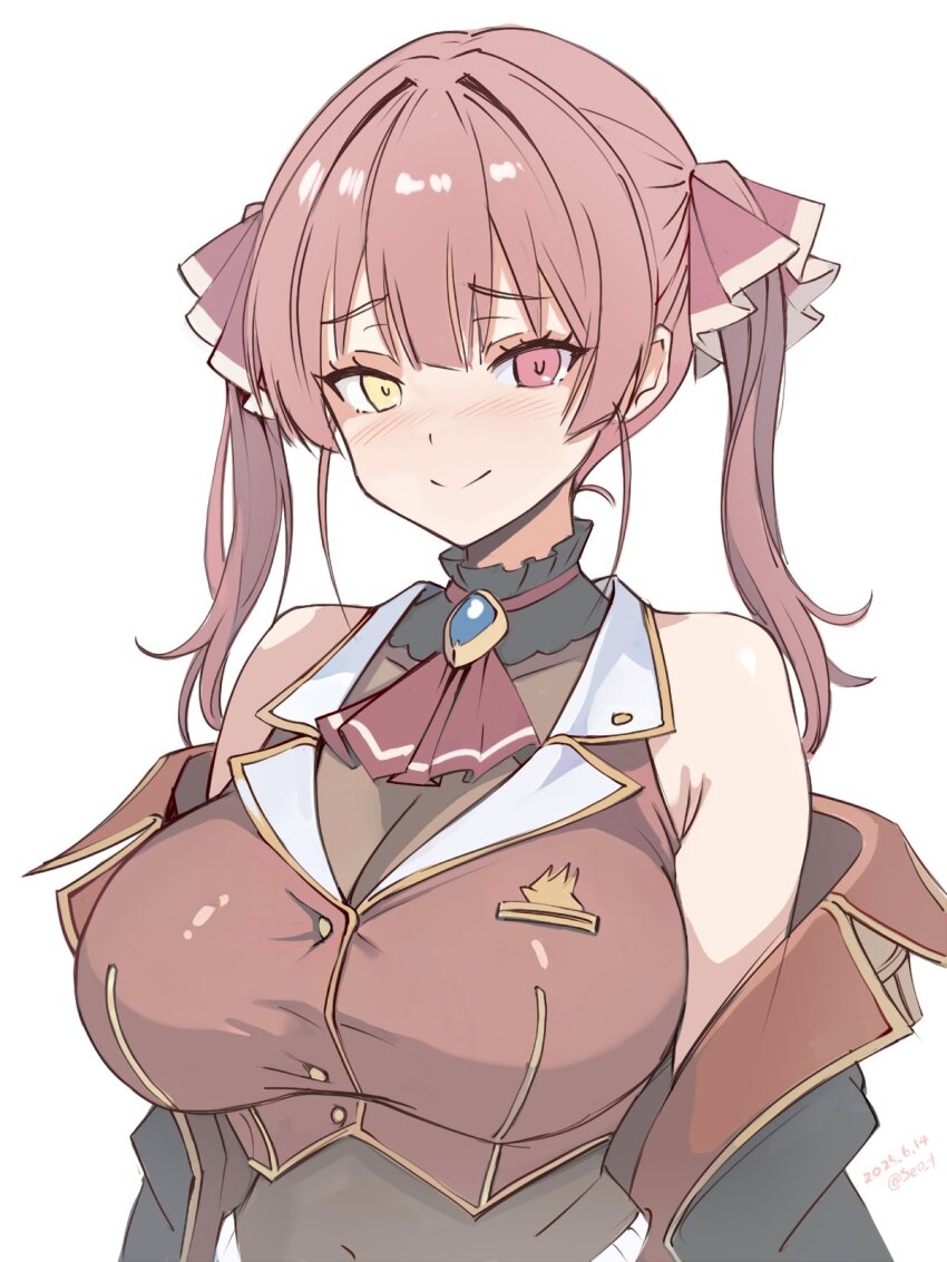 1girl, bare_shoulders, breasts, cropped_jacket, heterochromia, highres, hololive, houshou_marine, houshou_marine_(1st_costume), jacket, large_breasts, leotard, long_hair, red_eyes, red_hair, red_jacket, see-through_clothes, see-through_leotard, seo_tatsuya, smile, solo, twintails, upp, virtual_youtuber, yellow_eyes