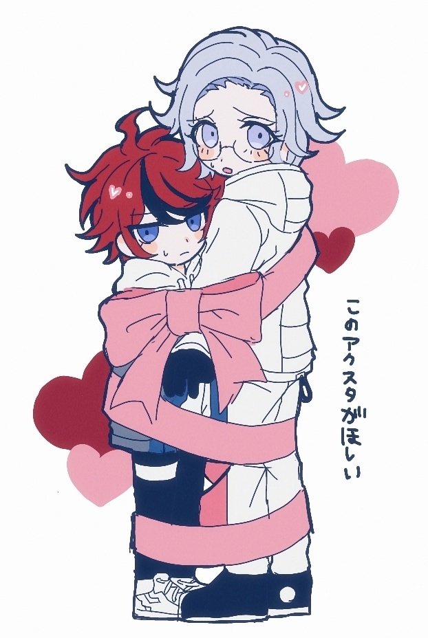 2boys, ahoge, aotsuki_eito, black_gloves, black_hair, black_pants, black_shoes, blue_eyes