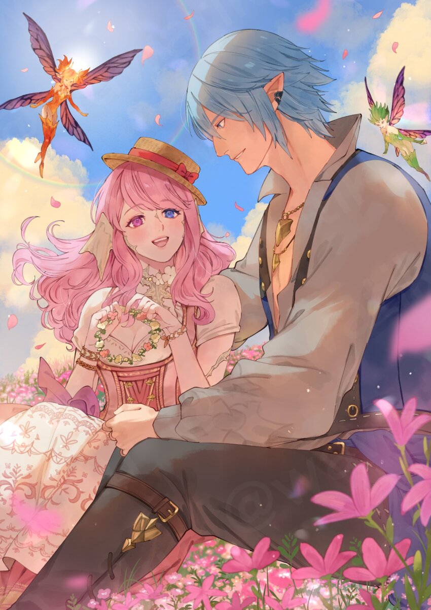 1boy, 1girl, 2others, :d, adam's_apple, arm_behind_back, au_ra, belt, belt_buckle, black_boots, black_pants, blue_eyes, blue_hair, blue_sky, blue_vest, blurry, blush, boots, bracelet, breasts, brown_belt, buckle, chain, choker, cleavage, cloud, collared_shirt, commentary, commission, cumulonimbus_cloud, day, depth_of_field, dragon_girl, dragon_horns, earclip, elbow_gloves, elezen, elf, english_commentary, fairy, fairy_wings, falling_petals, feet_out_of_frame, feo_ul, field, final_fantasy, final_fantasy_xiv, fingernails, floating_hair, flower, flower_choker, flower_field, flower_wreath, gloves, gold_chain, grass, green_boots, green_hair, green_leotard, green_sleeves, grin, hair_over_shoulder, hands_up, haurchefant_greystone, highres, holding, holding_flower, horns, jewelry, leotard, light_particles, long_hair, long_skirt, long_sleeves, looking_at_another, mini_person, minigirl, multiple_others, necklace, on_ground, open_mouth, orange_boots, orange_gloves, orange_hair, orange_leotard, outdoors, pants, petals, pink_eyes, pink_flower, pink_hair, pink_petals, pink_vest, pixie_(ff14), pointy_ears, profile, purple_wings, scales, shirt, short_hair, short_sleeves, short_twintails, sidelocks, sitting, skeb_commission, skirt, sky, small_breasts, smile, sun, sunlight, teeth, thigh_boots, twintails, twitter_username, unbuttoned, unbuttoned_shirt, upper_teeth_only, vest, warrior_of_light_(ff14), wawatiku, white_scales, white_shirt, white_skirt, wind, wings