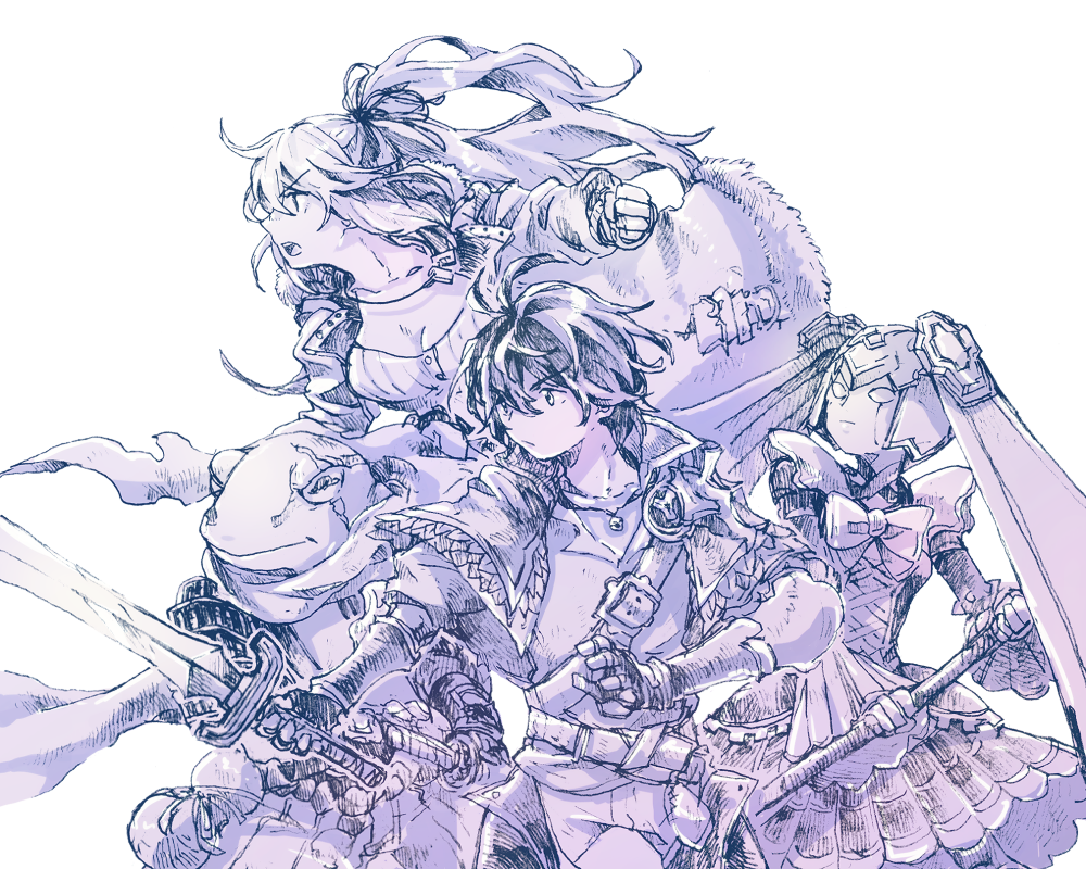 2boys, 2girls, aldo_(another_eden), amy_(another_eden), android, another_eden, arm_guards, arm_up