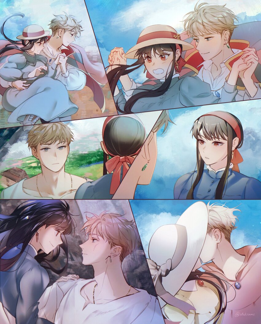 1boy, 1girl, absurdres, black_hair, blonde_hair, blush, braid, breasts