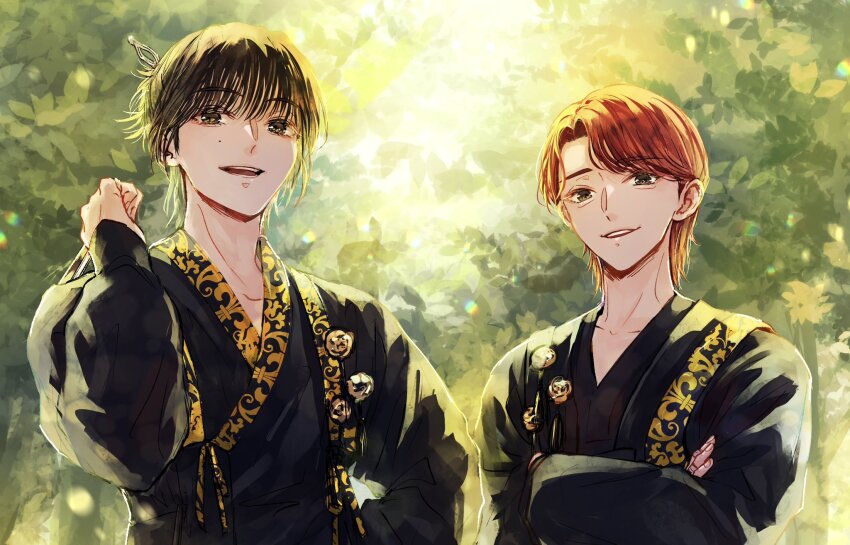 2boys, black_hair, blunt_bangs, brown_hair, crossed_arms, forest, hair_bun, hand_on_own_hip