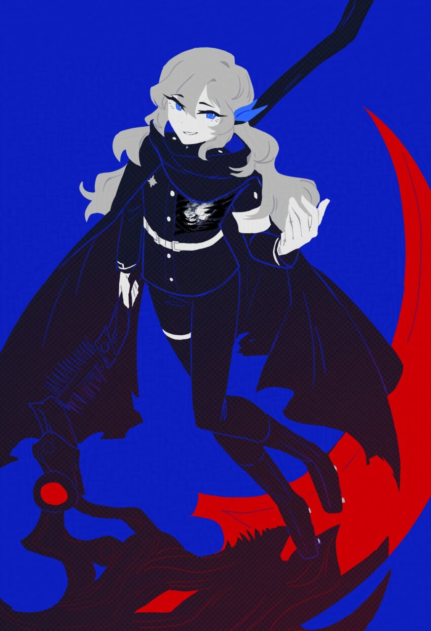 1boy, argalia_(project_moon), black_boots, black_cape, black_jacket, black_pants, blue_background, blue_eyes