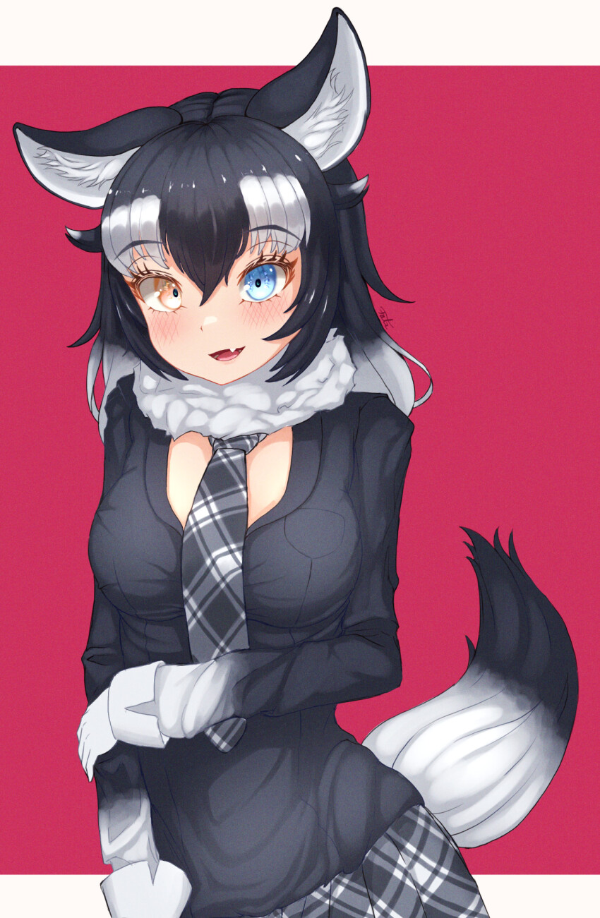 1girl, animal_ears, black_hair, blue_eyes, blush, falr_illust, fang, fur_collar
