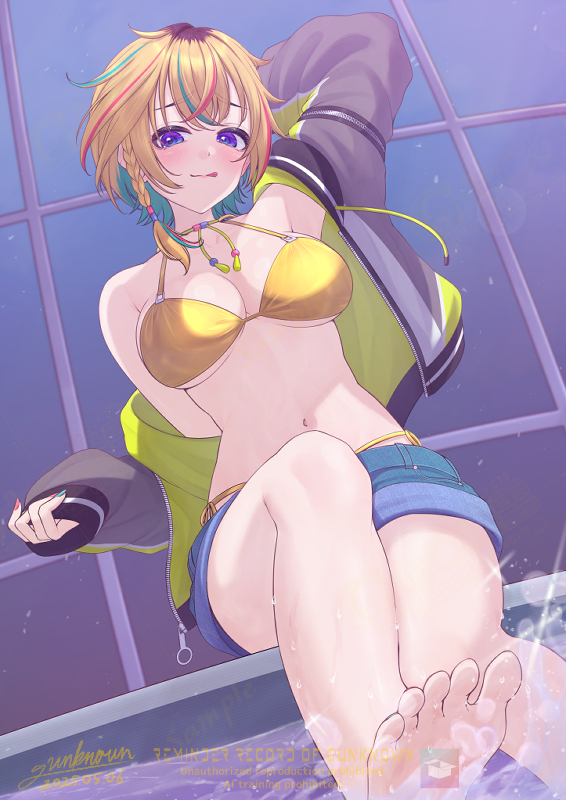 1girl, bare_legs, barefoot, bikini, blonde_hair, colored_inner_hair, feet, foot_out_of_frame