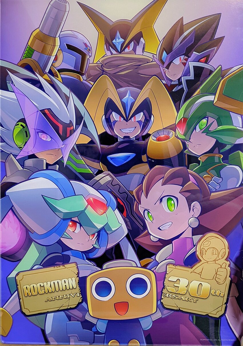 2girls, 6+boys, android, anniversary, arm_cannon, armor, assault_visor, bass.exe_(mega_man)