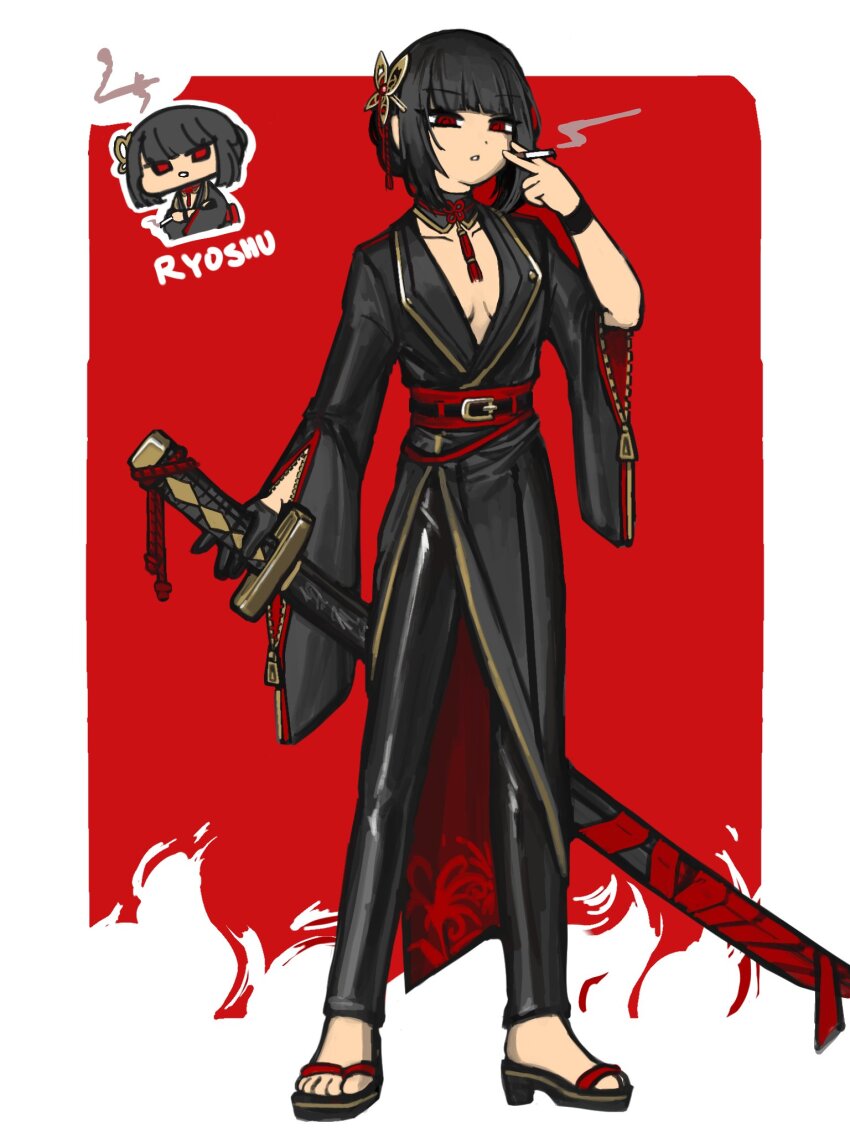 1girl, alternate_costume, black_hair, black_kimono, black_pants, bob_cut, border, breasts