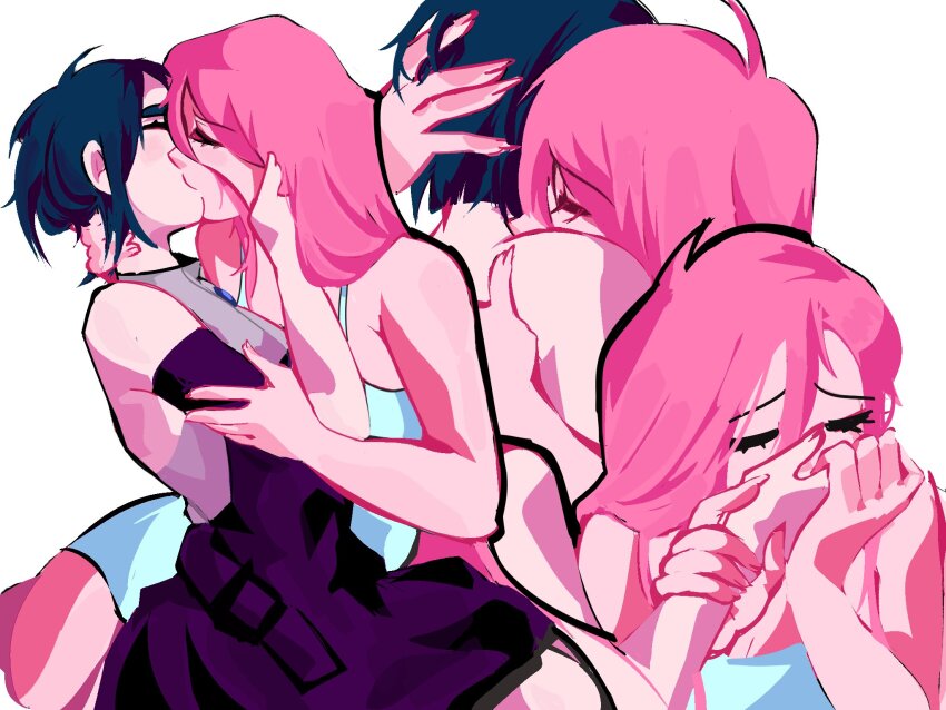 2girls, alien_stage, black_dress, black_hair, closed_eyes, commentary, dress, english_commentary