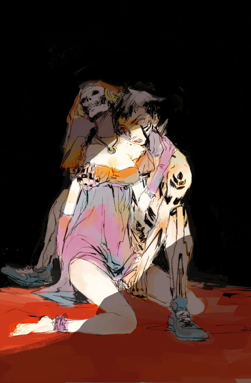 1boy, 1girl, ankle_cuffs, barefoot, bite_mark, bite_mark_on_neck, black_background, black_hair