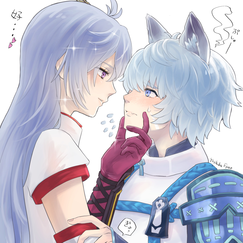 1boy, 1girl, absurdres, animal_ears, armor, blue_eyes, blue_robe, blue_rope