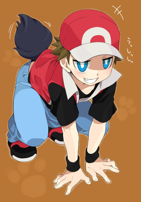 +++, 1boy, agemono, baseball_cap, blue_eyes, brown_hair, bulge, cosplay, disguised_zorua, gen_5_pokemon, grin, hat, looking_at_viewer, male_focus, nintendo, pokemon, red_(pokemon), red_(pokemon)_(cosplay), red_(pokemon_frlg), shota, simple_background, smile, solo, squatting, tagme, tail, transformation, zorua