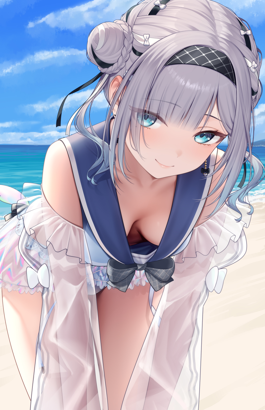 1girl, absurdres, beach, bikini, black_hairband, blue_bikini, blue_eyes, blue_sailor_collar