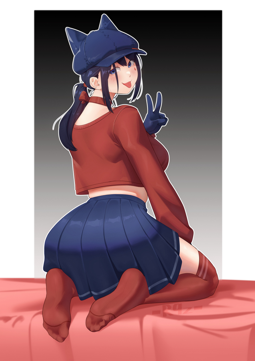 1girl, :p, absurdres, black_hair, blue_eyes, blush, cool_mita_(miside), feet