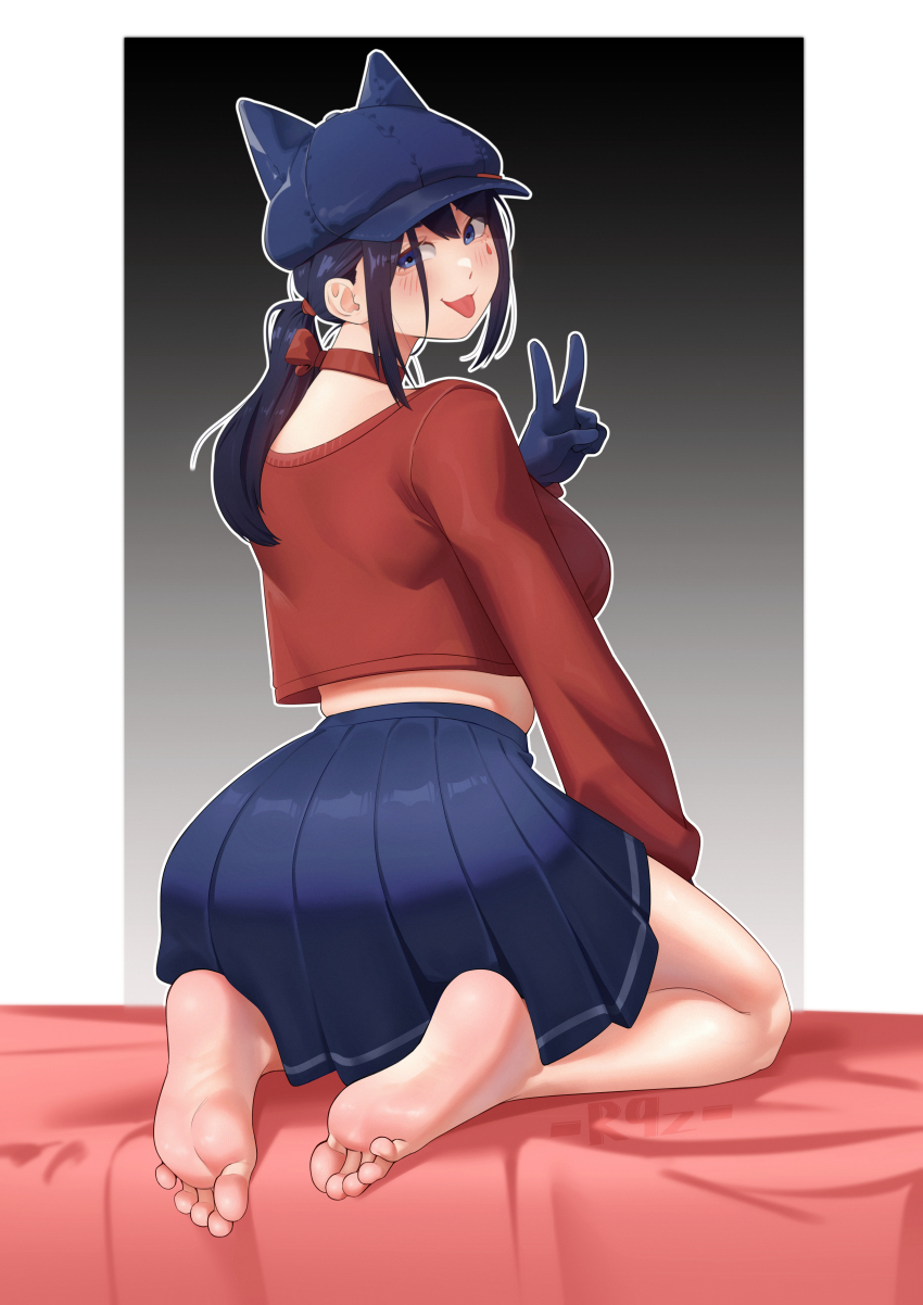 1girl, :p, absurdres, barefoot, black_hair, blue_eyes, blush, cool_mita_(miside), feet, hat, highres, long_hair, looking_at_viewer, looking_back, miside, mita_(miside), ponytail, r9z, soles, toes, tongue, tongue_out, v