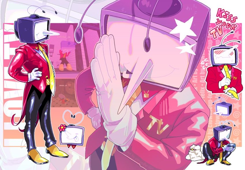 2boys, adjusting_clothes, adjusting_necktie, ant_tenna, blush, clowns0up-felix, commentary, crt, deltarune, english_commentary, flower, flying_sweatdrops, gloves, hands_on_own_hips, highres, holding, male_focus, multiple_boys, multiple_views, necktie, object_head, outline, pointy_nose, shoes, smile, spamton_g._spamton, sweat, tailcoat, tongue, tongue_out, tumblr_username, utdr_(toby_fox), white_gloves, white_outline, yellow_necktie, yellow_shoes