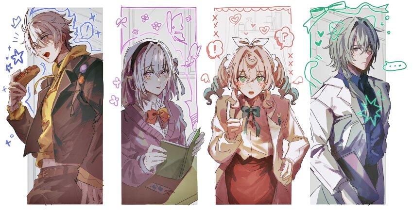 !, ..., 2boys, 2girls, absurdres, anaxa_(honkai:_star_rail), aqua_hair, black_jacket